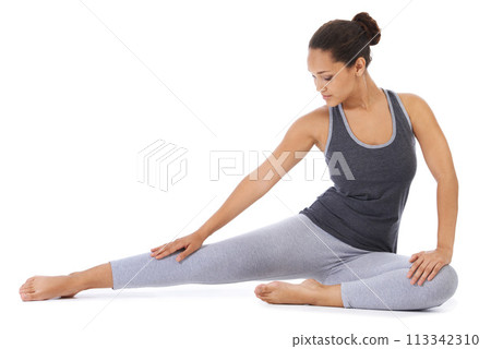 Woman, fitness and stretching body in studio for workout, exercise or yoga on a white background. Female person in zen, warm up or leg stretch for pilates, training or health and wellness on mockup 113342310