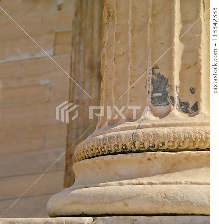 Greek history, ancient pillar or closeup of keystone arch, architectural detail for tourist attraction site. Background, outdoor or stone columns of temple building for culture in Acropolis, Greece Greek history, ancient pillar or closeup of keystone arch, architectural detail for tourist attraction site. Background, outdoor or stone columns of temple building for culture in Acropolis, Greece 113342333