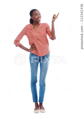Black woman, happy and point in studio with thinking for choice, news announcement or option. African female person, smile and hand with gesture for direction, opportunity or idea on white background Black woman, happy and point in studio with thinking for choice, news announcement or option. African female person, smile and hand with gesture for direction, opportunity or idea on white background 113342336