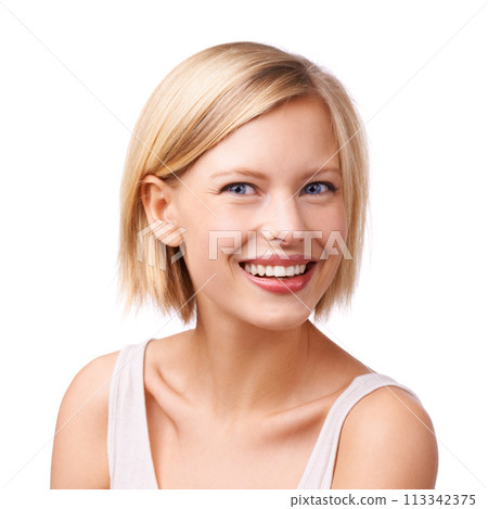 Portrait, beauty and happy with aesthetic woman in studio isolated on white background for self care. Face, skincare and smile with confident young person at salon for cosmetics or dermatology Portrait, beauty and happy with aesthetic woman in studio isolated on white background for self care. Face, skincare and smile with confident young person at salon for cosmetics or dermatology 113342375