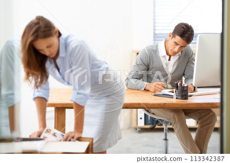 Sexual harassment, businessman spying or body of employee in office working with coworker looking. Watch, lust problem or woman with toxic predator or unprofessional male colleague or pervert peeping Sexual harassment, businessman spying or body of employee in office working with coworker looking. Watch, lust problem or woman with toxic predator or unprofessional male colleague or pervert peeping 113342387