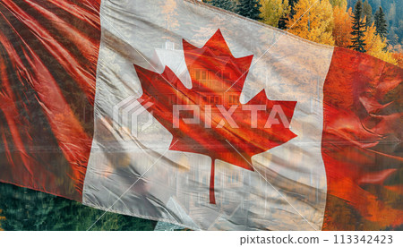 A collage of Canadian images with the Canadian flag fluttering in the wind 113342423