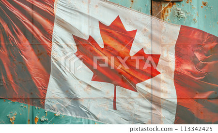 A collage of Canadian images with the Canadian flag fluttering in the wind 113342425