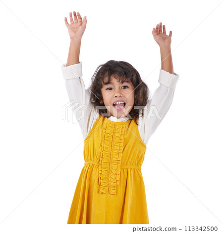 Girl, kid and excited with arms up for celebration, party and happiness on white background. Cheers, positivity and energy with youth, winner and goals with yes reaction, achievement and success Girl, kid and excited with arms up for celebration, party and happiness on white background. Cheers, positivity and energy with youth, winner and goals with yes reaction, achievement and success 113342500