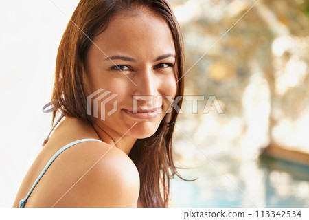 Smile, sunshine and portrait of woman at resort for summer holiday, travel and relax by pool. Retreat, female person and face with happiness for break, weekend trip or vacation for wellness Smile, sunshine and portrait of woman at resort for summer holiday, travel and relax by pool. Retreat, female person and face with happiness for break, weekend trip or vacation for wellness 113342534