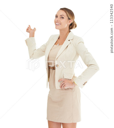 Hand, presentation or portrait of businesswoman with mockup space, offer or about us. White background, studioor happy advisor showing a sales discount, promotion announcement or investment news 113342540