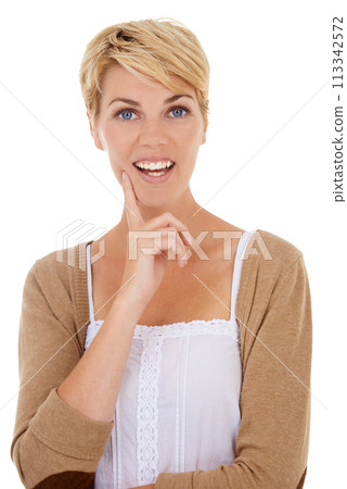 Happy woman, face and thinking with idea for decision or option isolated on a white studio background. Young female person, model or blonde in wonder or thought for mindset or selection on mockup 113342572