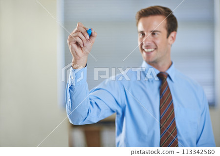 Business man, presentation and hand writing on screen for sketch or drawing with marker in office. Pen, professional and touchscreen for idea, tech and happy salesman on virtual board for teaching Business man, presentation and hand writing on screen for sketch or drawing with marker in office. Pen, professional and touchscreen for idea, tech and happy salesman on virtual board for teaching 113342580