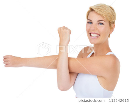 Woman, portrait and stretching for workout and fitness with health, wellness and warm up body on white background. Happy athlete start training, sport and ready for exercise in studio with muscle 113342615