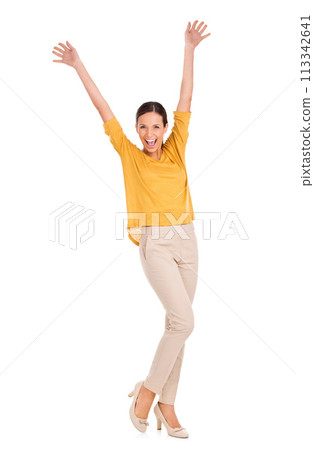 Woman, fashion and portrait for wellness, excited and smile in minimalist style for success. Female person, business apparel and proud in studio, white background and happy face in confidence 113342641