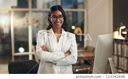 Night, arms crossed and face of happy woman, office consultant or HR manager happy for workplace empowerment. Pride, portrait and Indian person confident, professional and working on human resources Night, arms crossed and face of happy woman, office consultant or HR manager happy for workplace empowerment. Pride, portrait and Indian person confident, professional and working on human resources 113342646