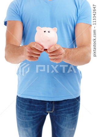 Hands, piggy bank and person in studio for budget, finance and investment with body isolated on a white background. Container, show and money box for savings, income and security of future profit Hands, piggy bank and person in studio for budget, finance and investment with body isolated on a white background. Container, show and money box for savings, income and security of future profit 113342647