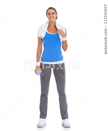 Water bottle, smile and portrait of woman in studio on break for exercise, training or workout. Fitness, sports and happy young female person with hydration drink for weight loss by white background. 113342657