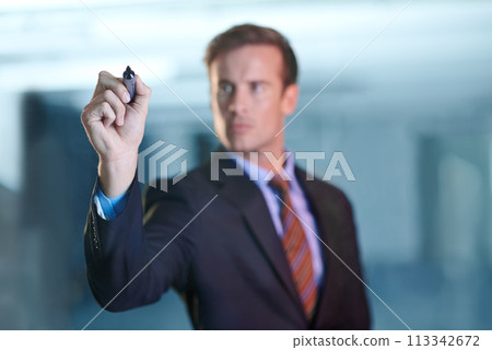 Businessman, glass wall and writing for corporate brainstorming as wealth manager or finance growth, loan or budget. Male person, marker and problem solving in office or solution, development or pen 113342672