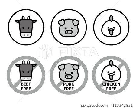 Beef, pork and chicken mark set, unused, monochrome Beef, pork and chicken mark set, unused, monochrome 113342831