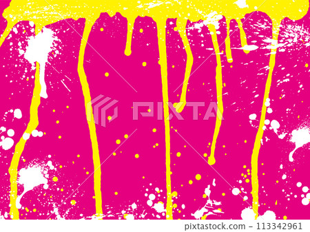 A background of yellow ink dripped and white ink splattered on a pink background 113342961