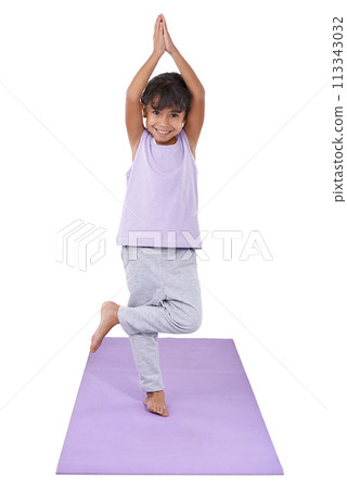 Girl, child and yoga with balance and health in studio for wellness, zen and flexibility on white background. Happy kid in portrait, exercise mat and fitness, holistic healing and peace with workout Girl, child and yoga with balance and health in studio for wellness, zen and flexibility on white background. Happy kid in portrait, exercise mat and fitness, holistic healing and peace with workout 113343032