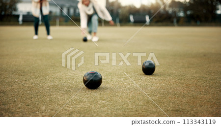 Women, park or old people bowling for fitness, training or exercise for wellness or teamwork outdoors. Senior ladies, relax or elderly friends playing fun ball game or sport in workout together Women, park or old people bowling for fitness, training or exercise for wellness or teamwork outdoors. Senior ladies, relax or elderly friends playing fun ball game or sport in workout together 113343119