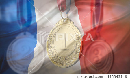 Collage of French flag and 2024 Olympic medals Collage of French flag and 2024 Olympic medals 113343148