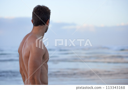 Thinking, ocean and back of man on beach for swimming on holiday, vacation and weekend outdoors. Summer, travel and person by sea, waves and water for exercise, wellness and adventure in nature Thinking, ocean and back of man on beach for swimming on holiday, vacation and weekend outdoors. Summer, travel and person by sea, waves and water for exercise, wellness and adventure in nature 113343168