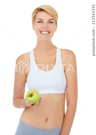 Woman, portrait and apple in studio for fitness, wellness or diet on white background, mockup or backdrop. Model, dietician or nutritionist with green fruit for cleanse, vitamins and workout Woman, portrait and apple in studio for fitness, wellness or diet on white background, mockup or backdrop. Model, dietician or nutritionist with green fruit for cleanse, vitamins and workout 113343335