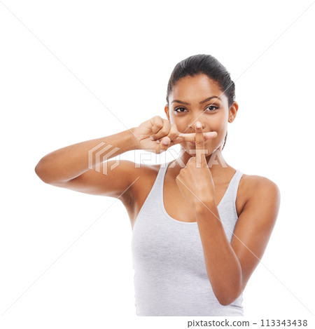 Woman, no portrait and cross finger gesture for stop and protest hand sign for wellness and diet. Fitness, exercise and warning of athlete for weight loss and nutrition in studio and white background Woman, no portrait and cross finger gesture for stop and protest hand sign for wellness and diet. Fitness, exercise and warning of athlete for weight loss and nutrition in studio and white background 113343438