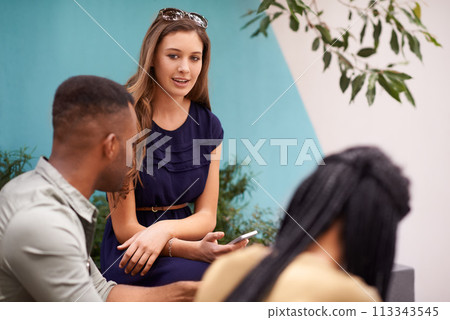 Couple of friends, talking and campus for outdoor, class and students with phone and conversation. Group of classmates, college and university for break, study and talk for research and degree 113343545