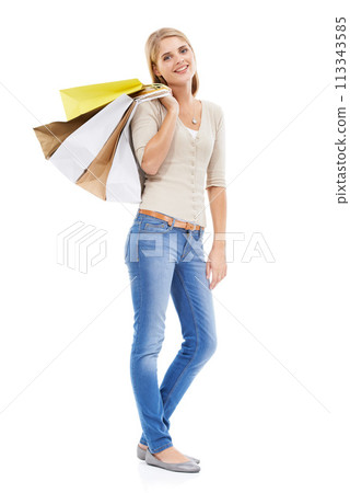 Happy portrait, woman or shopping bag in studio of retail discount, financial freedom or fashion savings on white background. Wealthy customer buying gifts for commerce deal, sales promotion or offer Happy portrait, woman or shopping bag in studio of retail discount, financial freedom or fashion savings on white background. Wealthy customer buying gifts for commerce deal, sales promotion or offer 113343585