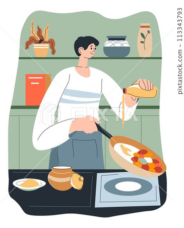 Man cooking dishes at home, frying vegetables Man cooking dishes at home, frying vegetables 113343793