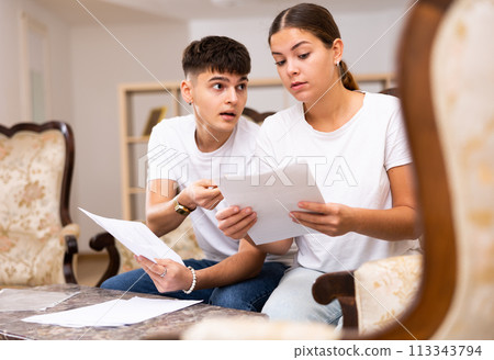 Young married couple is studying important documents Young married couple is studying important documents 113343794