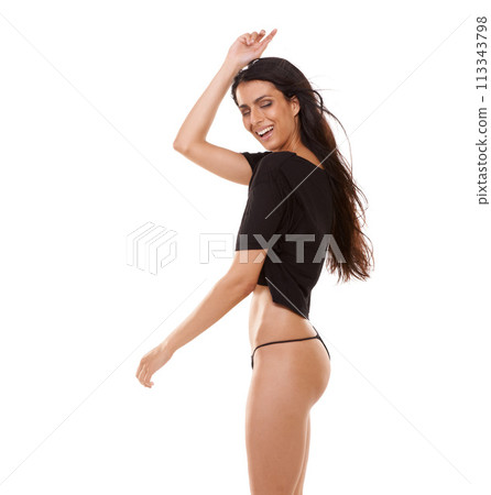 Young woman, dancing and lingerie in studio mockup with fashion and laughing with panties. Arab model, happiness or celebrate in underwear with confidence, glow body or expression by white background Young woman, dancing and lingerie in studio mockup with fashion and laughing with panties. Arab model, happiness or celebrate in underwear with confidence, glow body or expression by white background 113343798