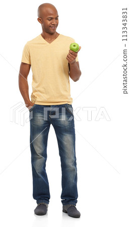 Black man, apple for health and nutrition, diet or detox with vegan life isolated on white background. Organic, fresh and green with fruit, wellness and healthy food for weight loss in studio Black man, apple for health and nutrition, diet or detox with vegan life isolated on white background. Organic, fresh and green with fruit, wellness and healthy food for weight loss in studio 113343831