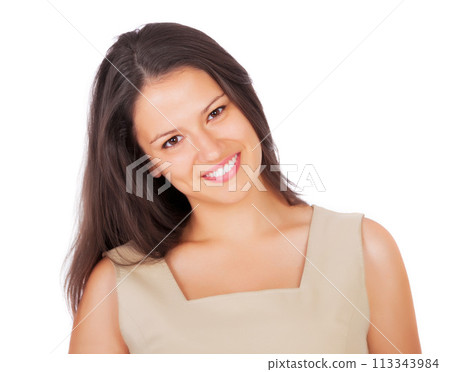 Smile, fashion and portrait of woman in studio with elegant, classy and trendy dress for outfit. Confident, happy and face of female person with fancy style and positive attitude by white background. 113343984