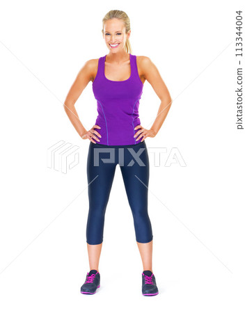 Portrait, confident or woman in fitness, fashion or athleisure apparel in studio on white background. Female person, activewear or smile as ready for wellness, healthy or workout challenge on mockup 113344004