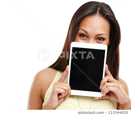 Woman, tablet and screen for mockup with advertising information or online news in portrait on white background. Promo announcement, coming soon or join us on website, digital marketing and app ads Woman, tablet and screen for mockup with advertising information or online news in portrait on white background. Promo announcement, coming soon or join us on website, digital marketing and app ads 113344058