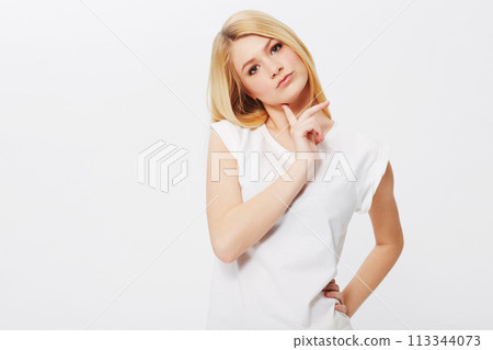 Space, ideas and woman thinking in studio unsure, pensive and wondering isolated on white background. Female person contemplating, doubt and puzzled lady with decision, choice or question on mockup 113344073