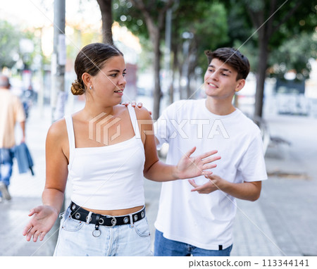 Disgruntled woman stopping stranger man bothering her on city street 113344141
