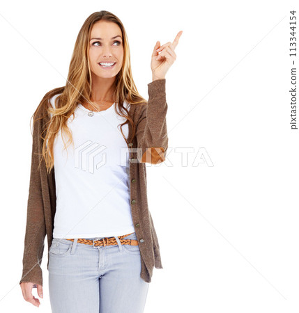Woman, pointing and presentation for promotion in studio for recommendation, announcement or white background. Female person, hand gesture and choice for deal show or offer, opinion or mockup space 113344154