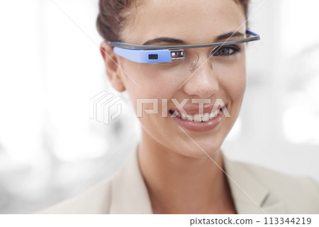 Virtual reality, portrait and woman with smart glasses for internet connection in office. Future technology, google and agent with designer VR eyewear, vision and online business communication 113344219