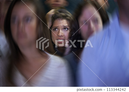 Woman, crowd and social anxiety in stress with fear, worried and panic with nervous, overthinking and phobia. Trapped, female person and scared as introvert in conference with people and insecure 113344242