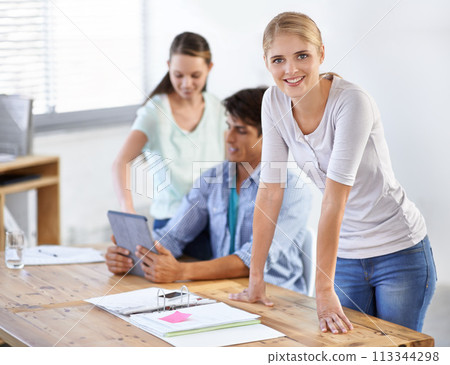 Business, portrait of woman at desk and team with tablet, paperwork and coworking at accounting office. Happy startup people, man and women with confidence, admin and online tax consulting agency. 113344298