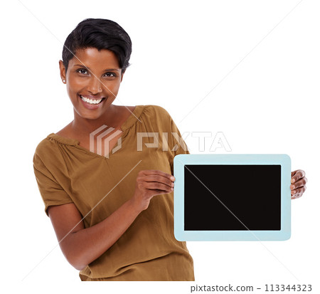 Studio, portrait and happy woman with tablet, screen for social media or networking subscription. Internet, smile and Indian girl with digital app for news, streaming or website on white background Studio, portrait and happy woman with tablet, screen for social media or networking subscription. Internet, smile and Indian girl with digital app for news, streaming or website on white background 113344323
