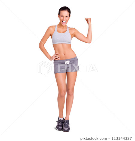 Portrait, fitness and flexing with woman, excited or progress isolated on white studio background. Person, mockup space or health with model or achievement with exercise goals or training with smile 113344327