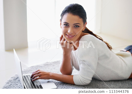 Laptop, floor and portrait of happy woman in home for remote work, social media or email on internet in Australia. Computer, freelancer or face of person on carpet with tech, smile and relax in house Laptop, floor and portrait of happy woman in home for remote work, social media or email on internet in Australia. Computer, freelancer or face of person on carpet with tech, smile and relax in house 113344376