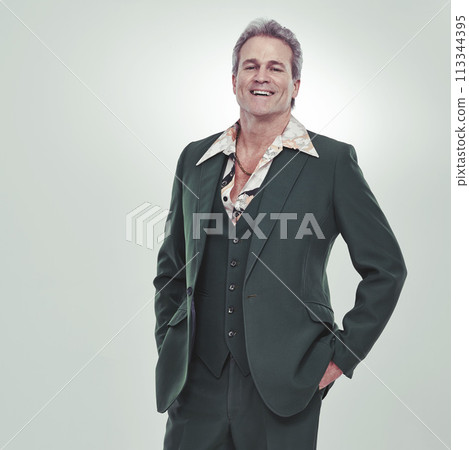 Senior, portrait and happy man in fashion, confidence or style for business or outfit on a gray studio background. Mature, male person or model posing with smile for stylish suit on mockup space Senior, portrait and happy man in fashion, confidence or style for business or outfit on a gray studio background. Mature, male person or model posing with smile for stylish suit on mockup space 113344395