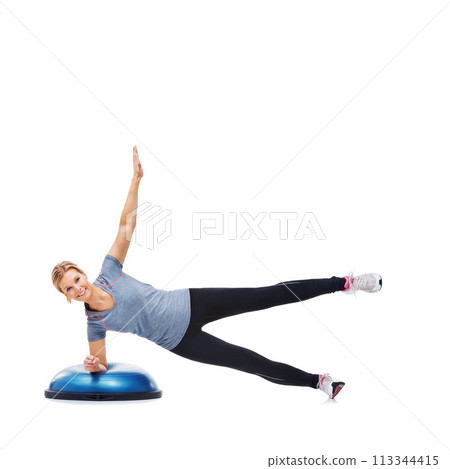 Portrait of happy woman, ball or plank balance in studio or workout isolated on white background. Athlete, training equipment or fitness for mockup space, body challenge or exercise for wellness 113344415