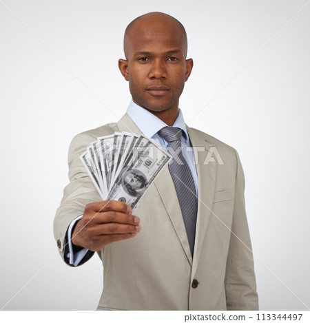 Businessman, portrait and money fan for finance, wealth or savings on a gray studio background. Black man or employee in business fashion with cash, dollar bills or paper for financial or investment 113344497
