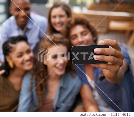 Hand, friends and group or smile for selfie at university campus for profile picture update or social media post. Men, women and happy students with technology for memory, diversity and college fun 113344612