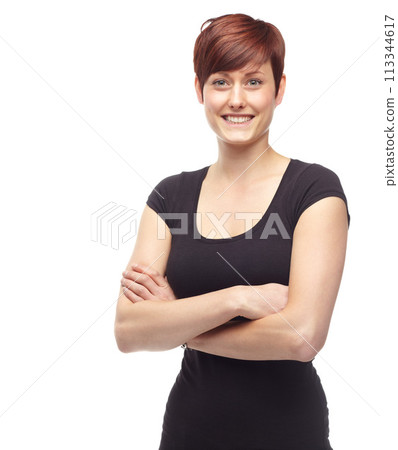 Portrait, arms crossed and smile of woman in studio for fashion in outfit isolated on white background mockup. Face, confidence or happy model, student or ginger girl in casual clothes in Switzerland Portrait, arms crossed and smile of woman in studio for fashion in outfit isolated on white background mockup. Face, confidence or happy model, student or ginger girl in casual clothes in Switzerland 113344617