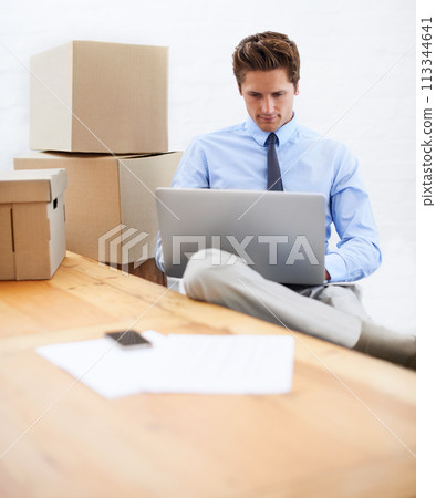 Business man, shipping boxes and typing on laptop, entrepreneur and online logistics for courier. Male person, professional and delivery for company distribution, package and technology or internet Business man, shipping boxes and typing on laptop, entrepreneur and online logistics for courier. Male person, professional and delivery for company distribution, package and technology or internet 113344641